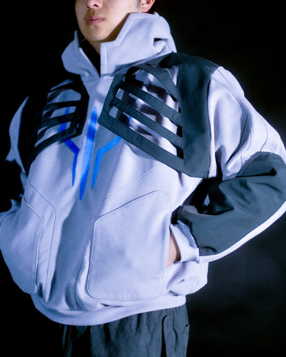 Grey hoodie with tech wear details, front model view