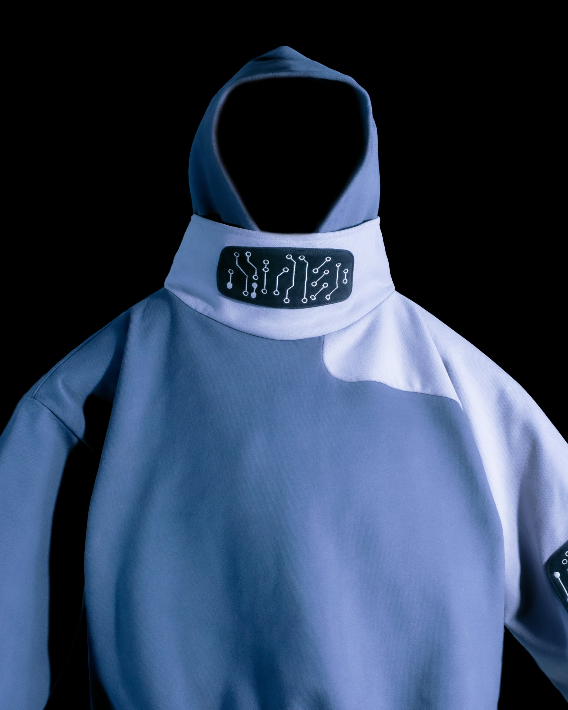 grey techwear grid futuristic pullover hoodie, front close up view