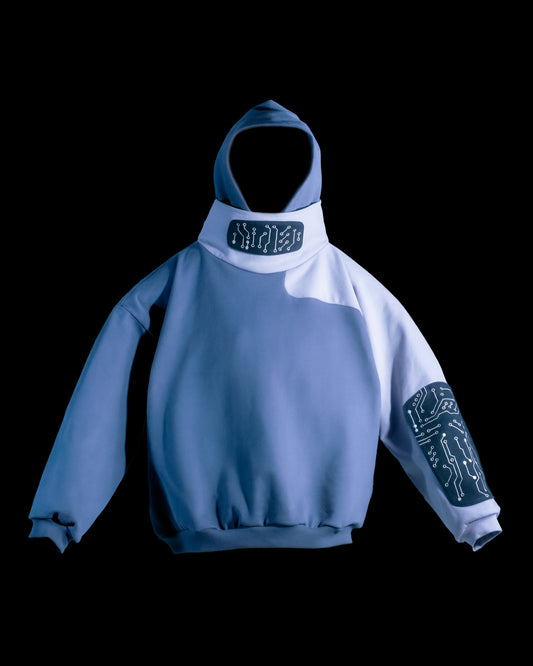 grey techwear grid futuristic pullover hoodie, front view