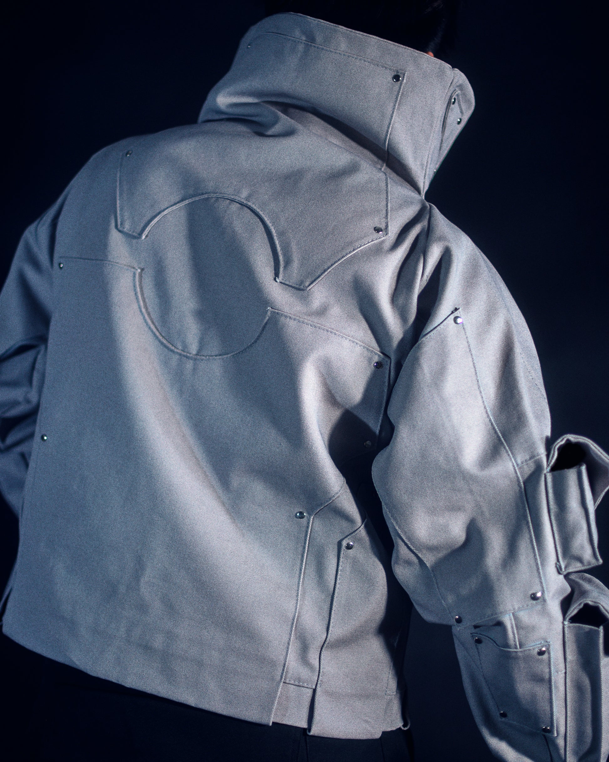 grey titanium robotic cotton canvas cargo pocket jacket, back model view