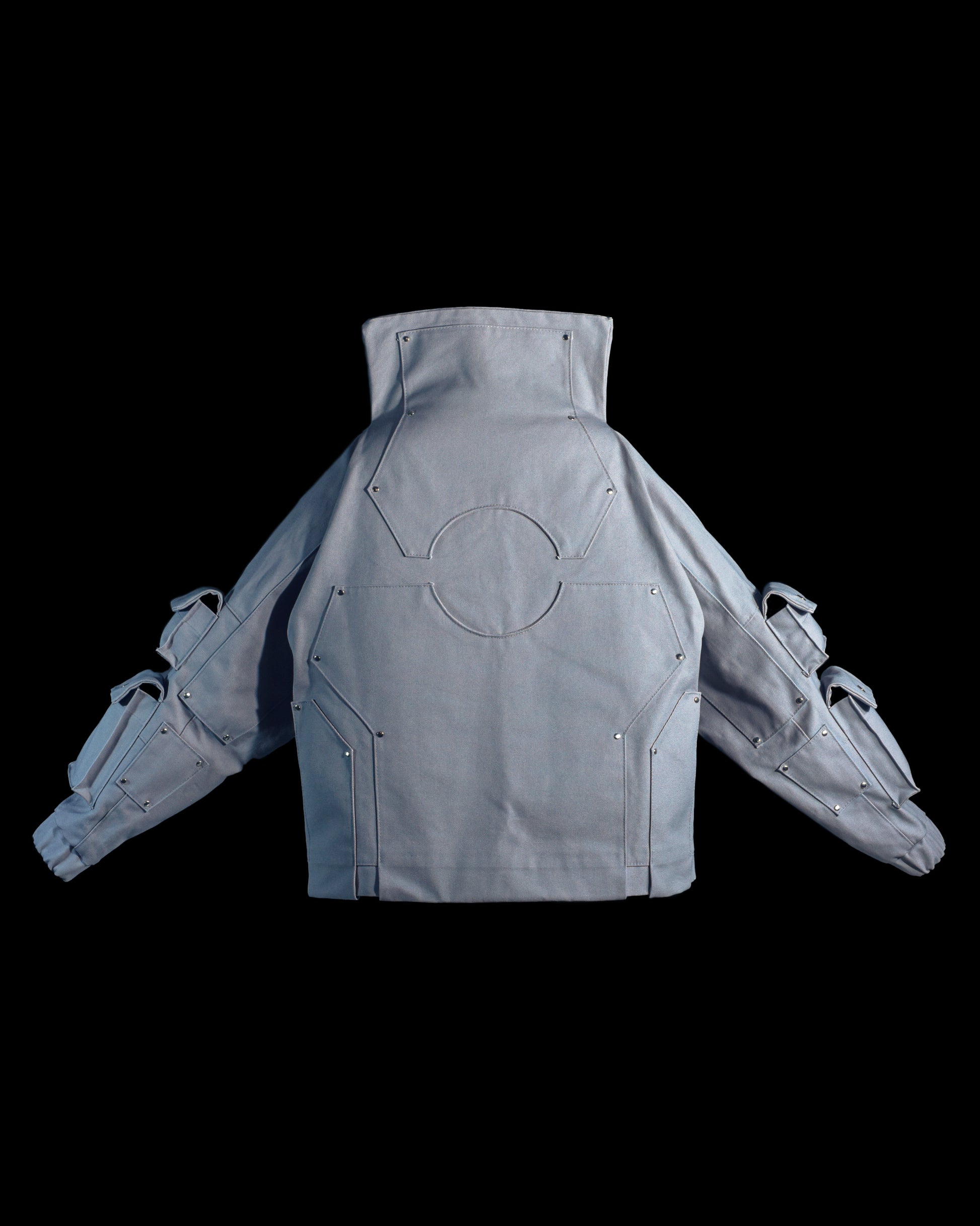 grey titanium robotic cotton canvas cargo pocket jacket, back view