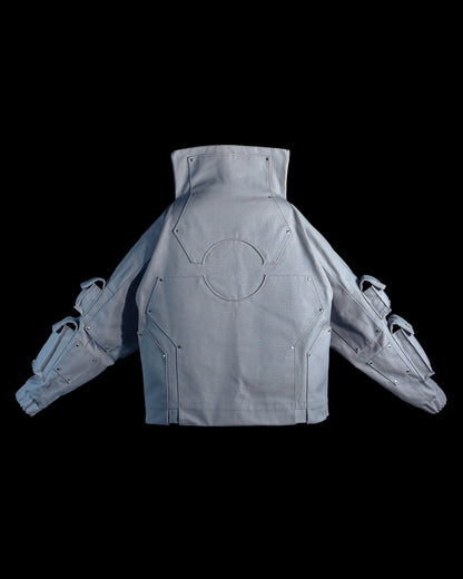 grey titanium robotic cotton canvas cargo pocket jacket, back view