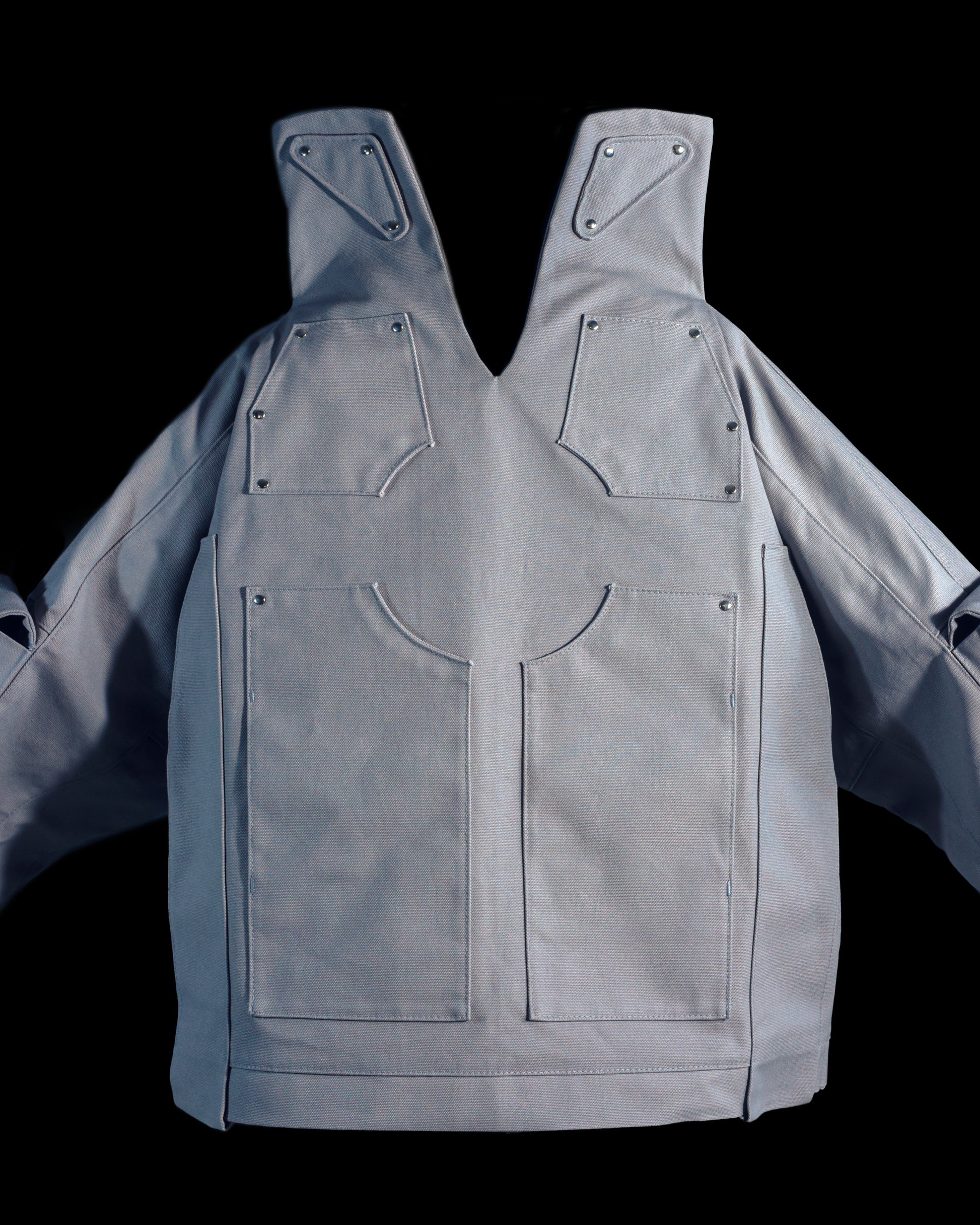 grey titanium robotic cotton canvas cargo pocket jacket, close up view