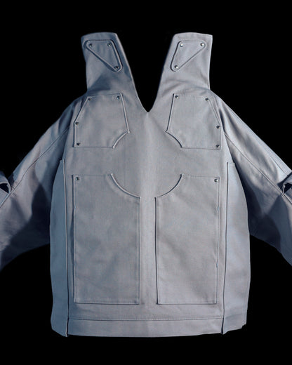 grey titanium robotic cotton canvas cargo pocket jacket, close up view
