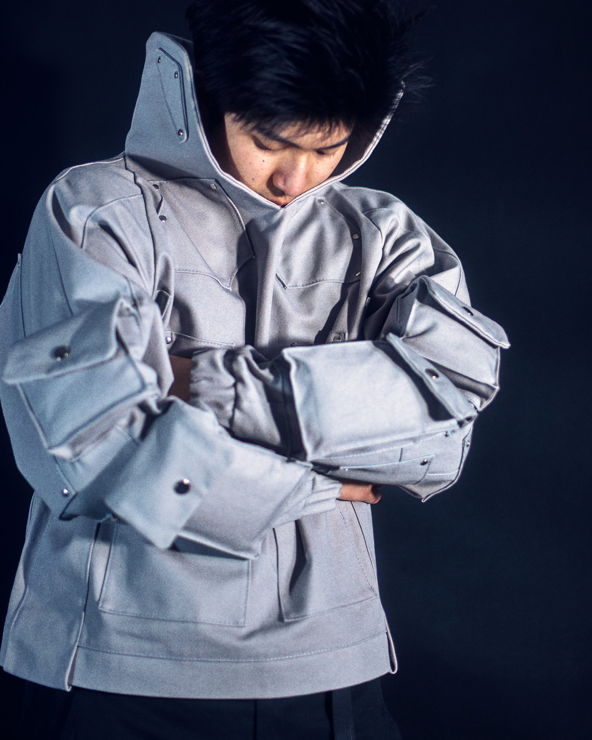 grey titanium robotic cotton canvas cargo pocket jacket, front model view