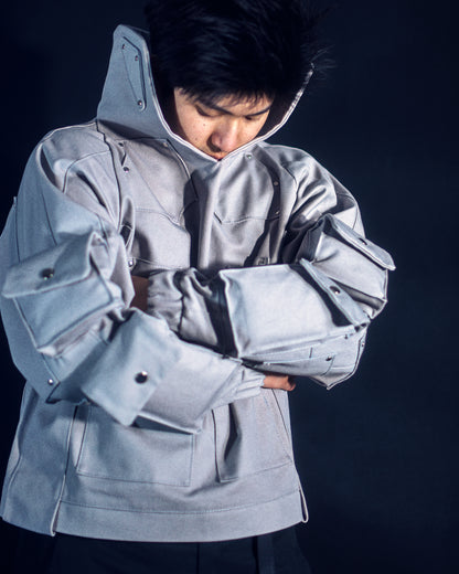 grey titanium robotic cotton canvas cargo pocket jacket, front model view