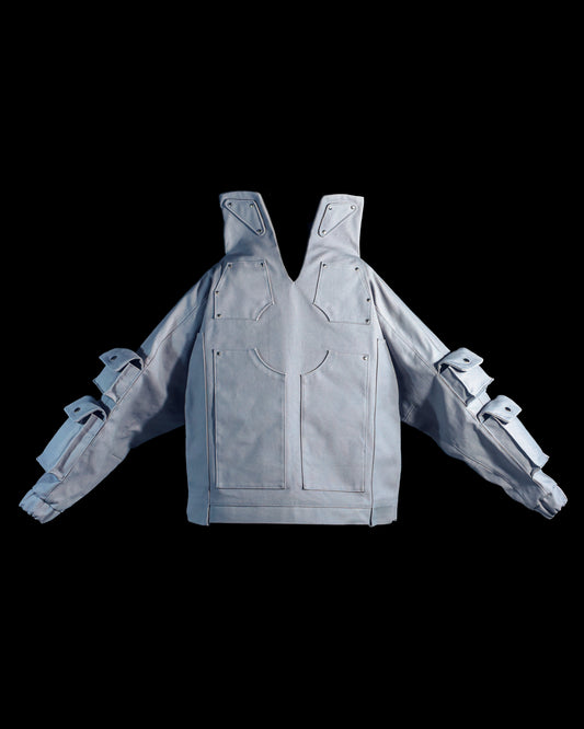 grey titanium robotic cotton canvas cargo pocket jacket, front view