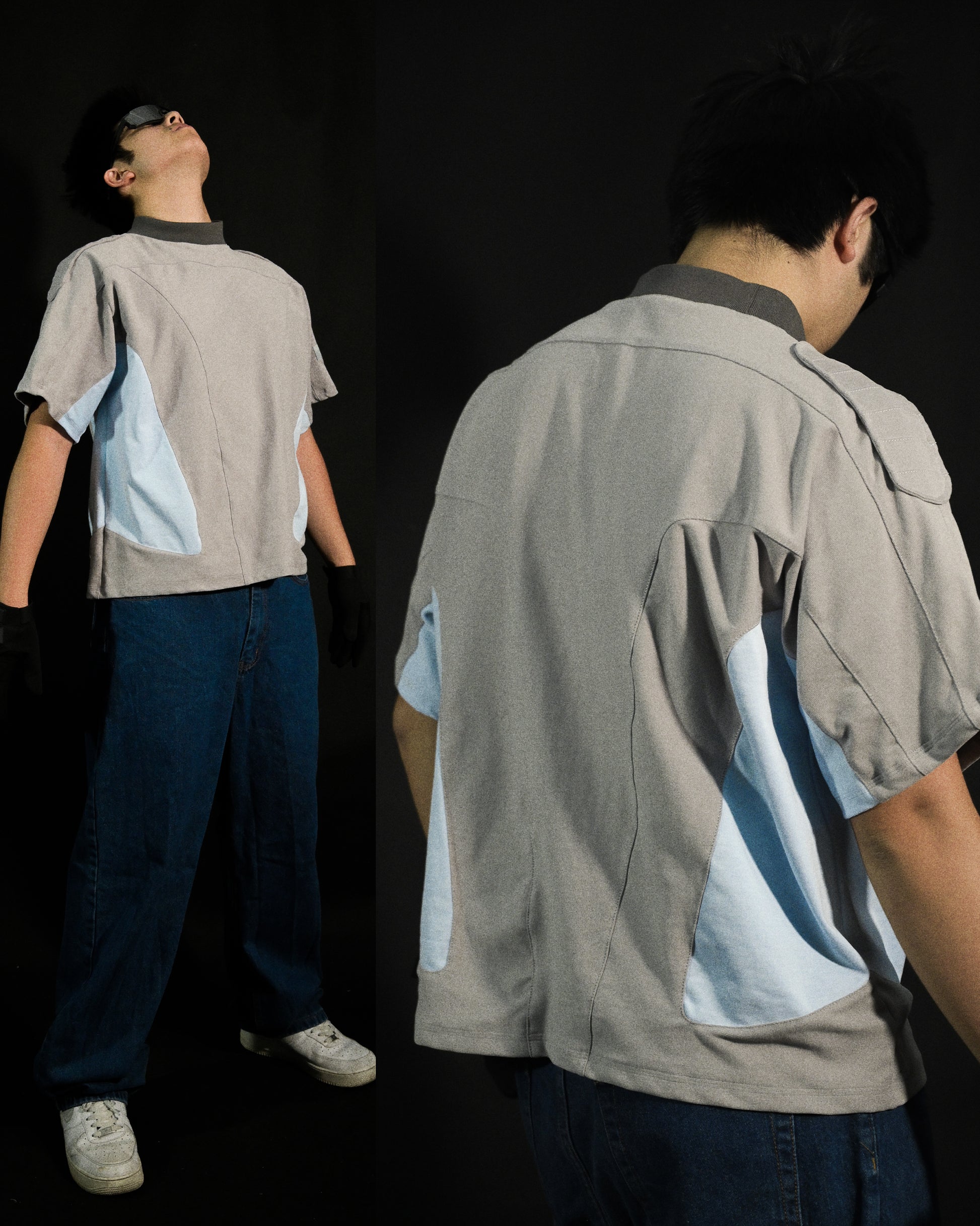 grey utopia mechcore techcore streetwear tee, front standing model