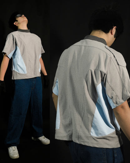 grey utopia mechcore techcore streetwear tee, front standing model