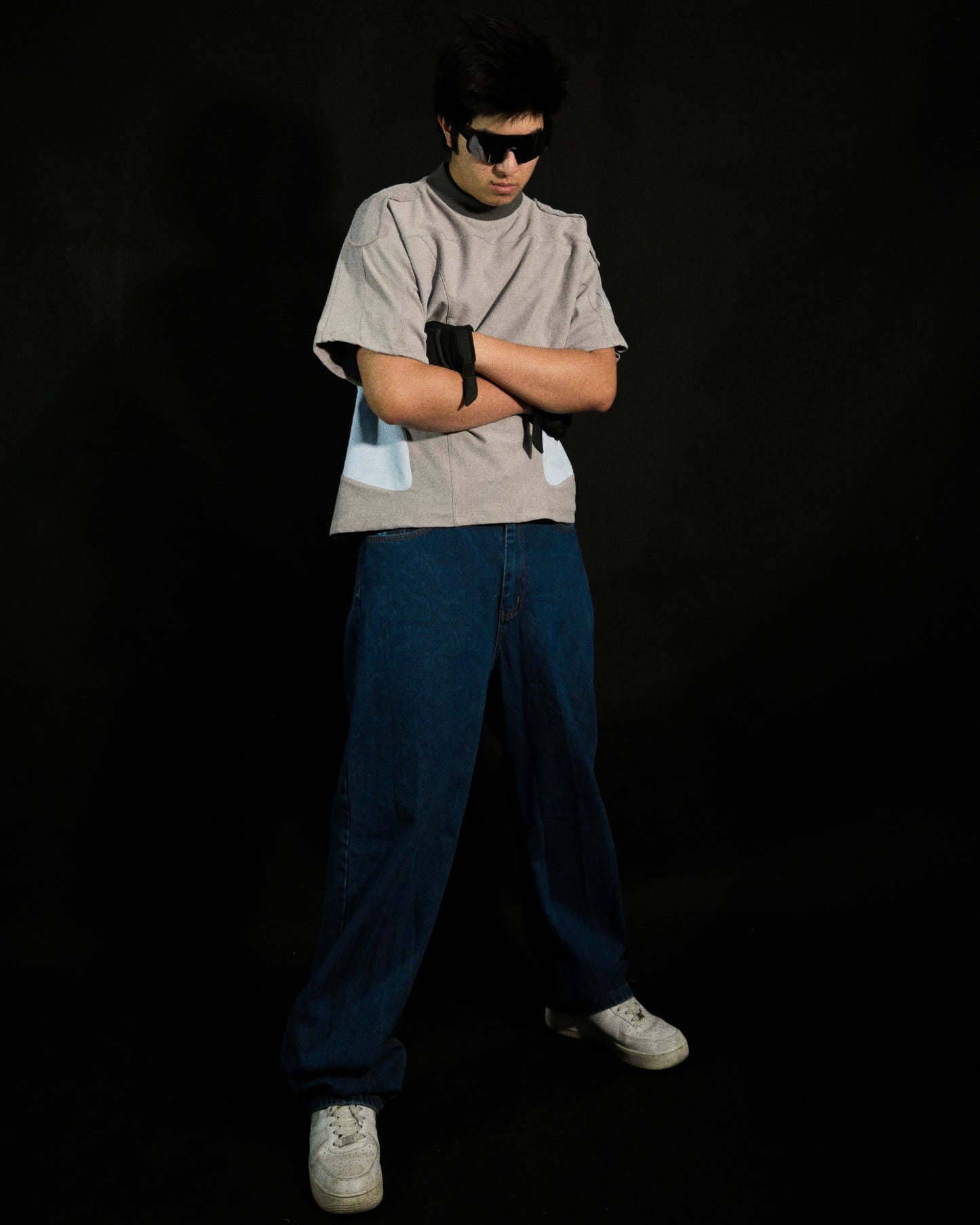 grey utopia mechcore techcore streetwear tee, standing view