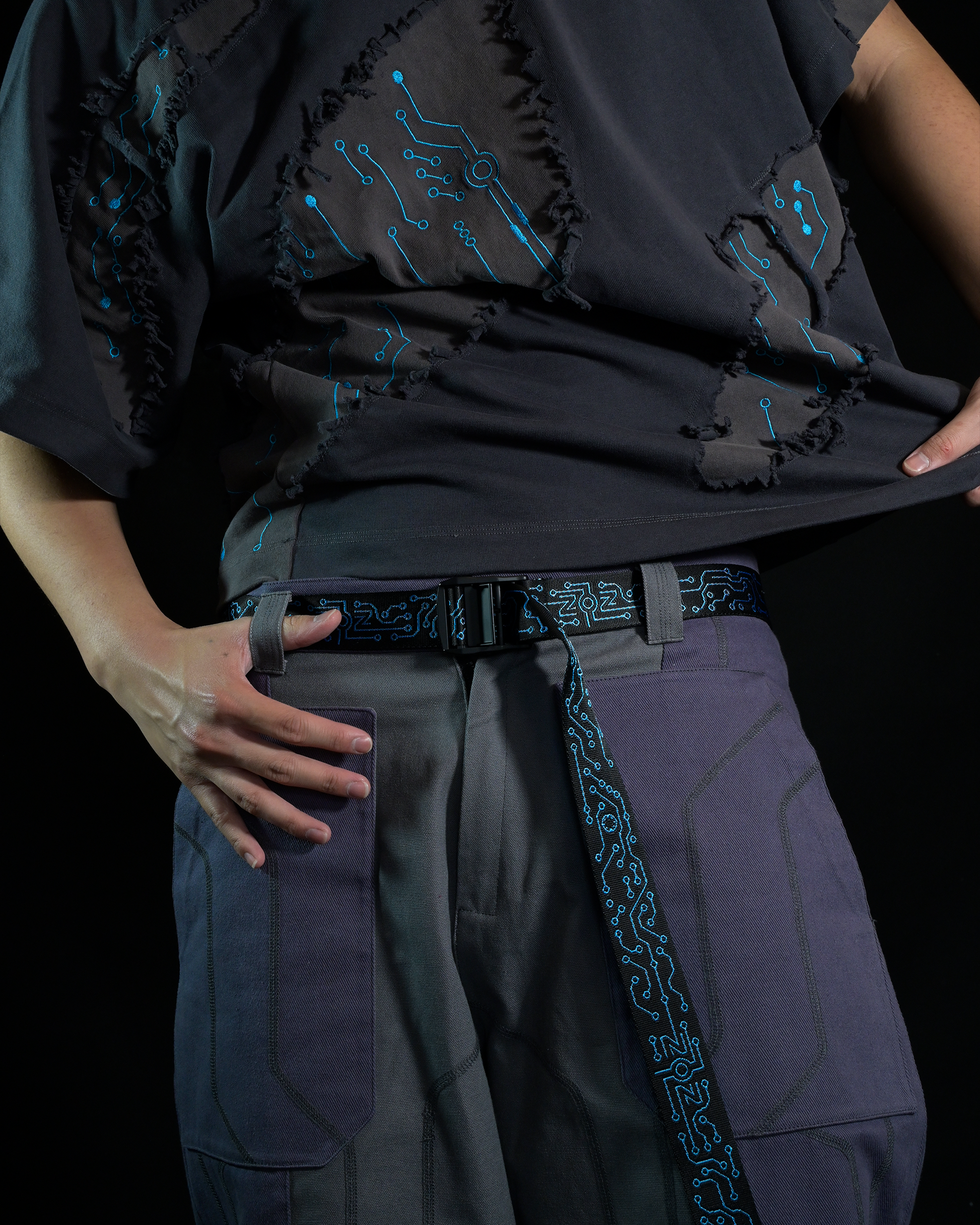 grid futuristic cyberpunk archive clothing streetwear belt, model