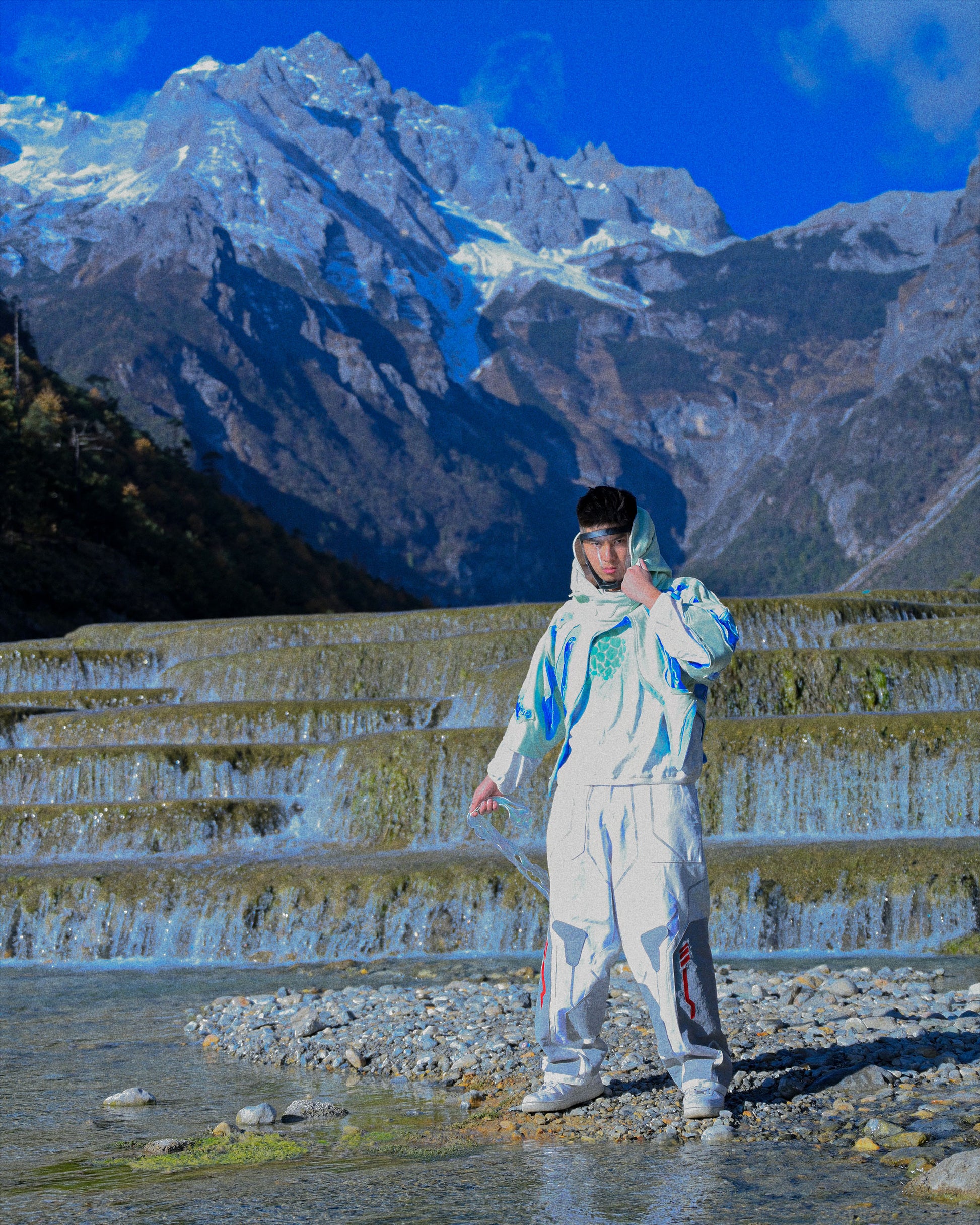 lucid coral aqua sci-fi clothing hoodie, standing model background