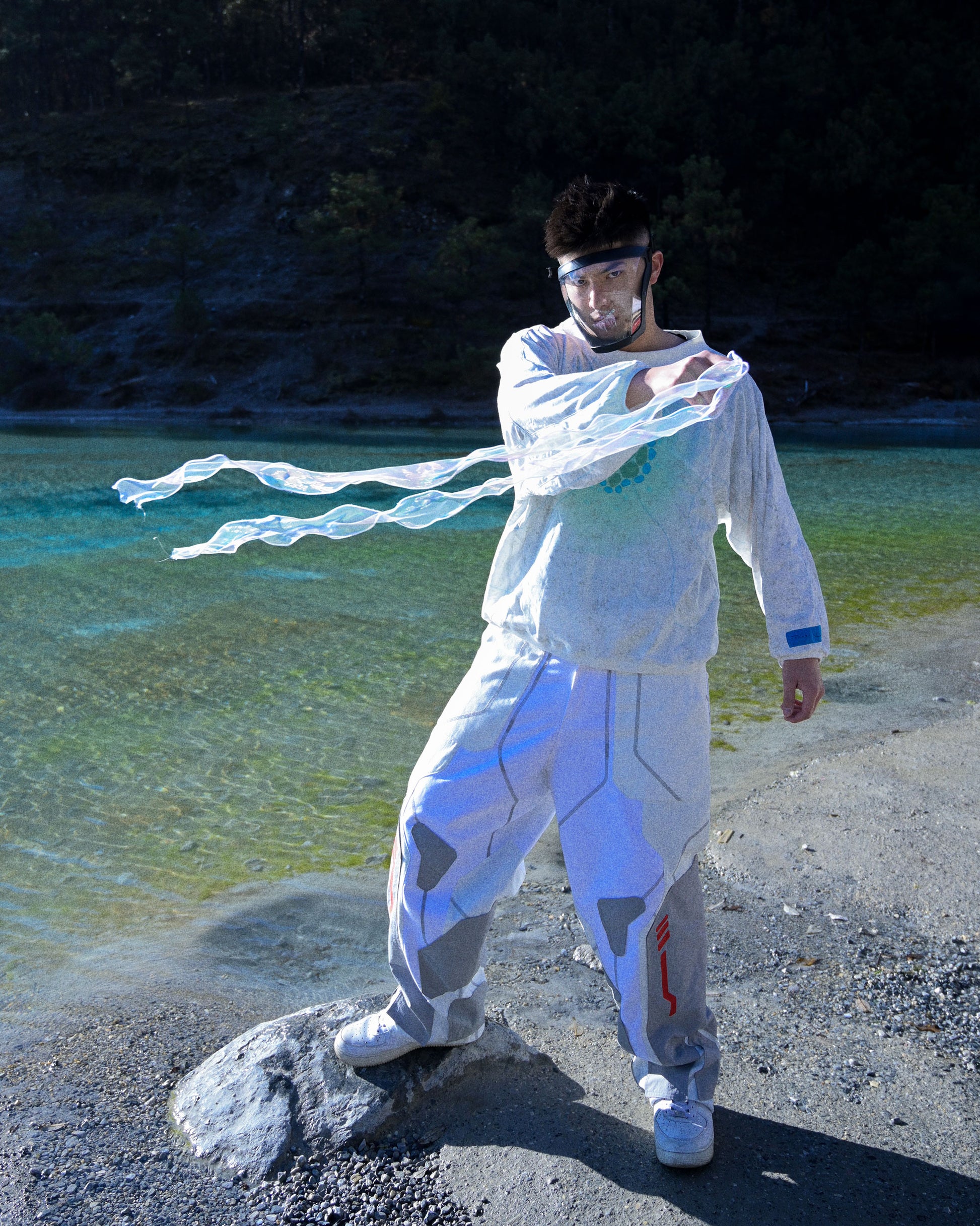 lucid coral aqua sci-fi clothing hoodie, front model view