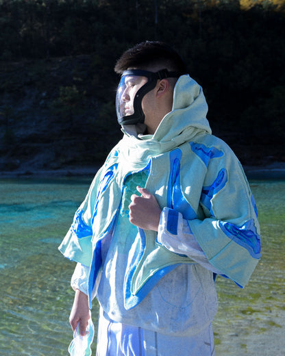 lucid coral aqua sci-fi clothing hoodie, side profile view