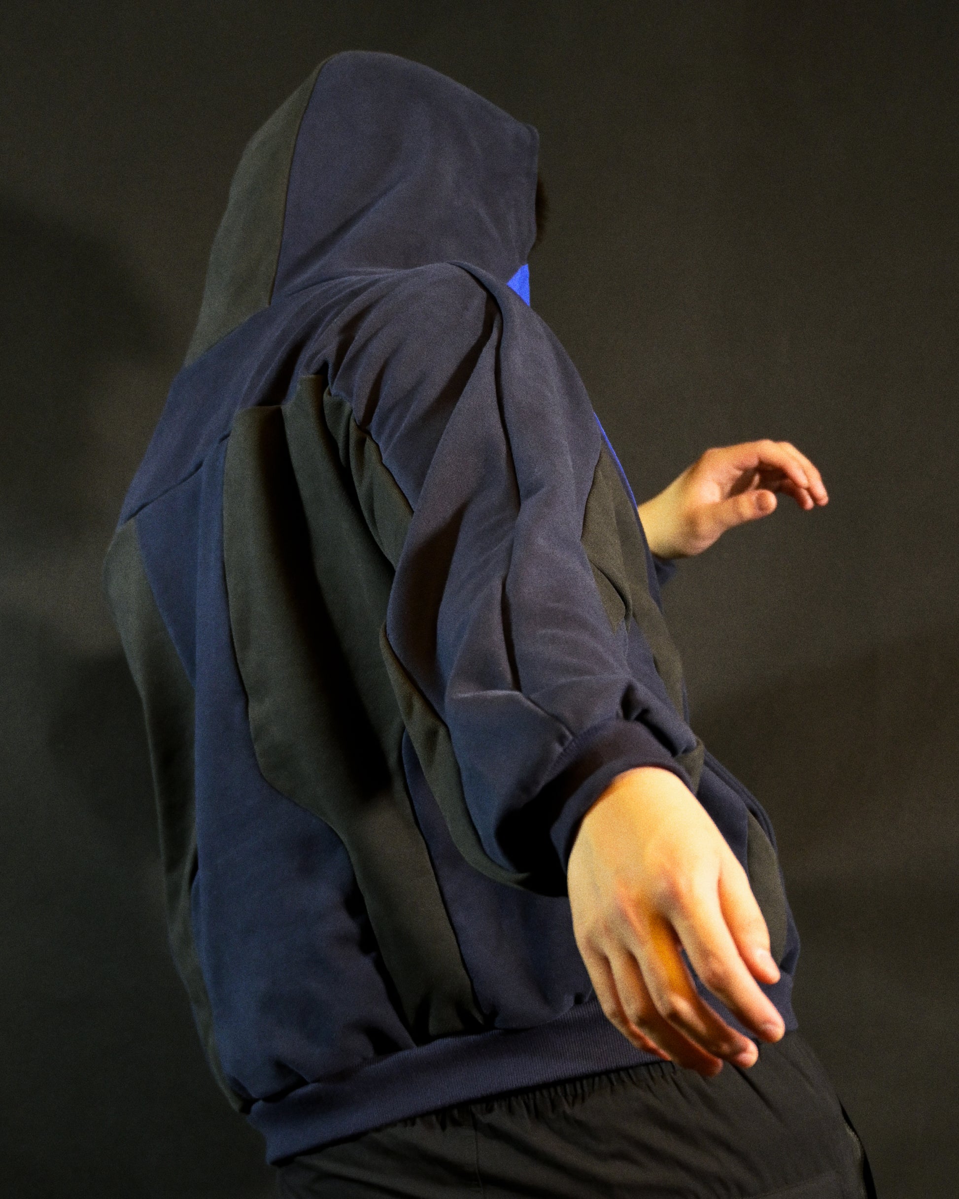navy android robotic ski hoodie, back model view