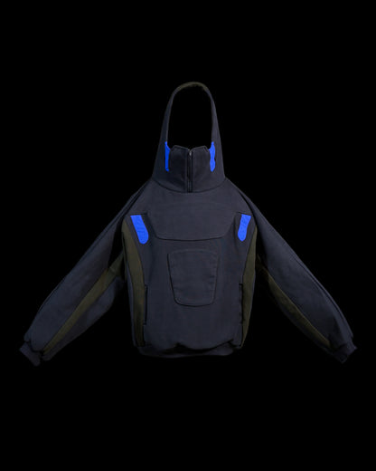 navy android robotic ski hoodie, front view