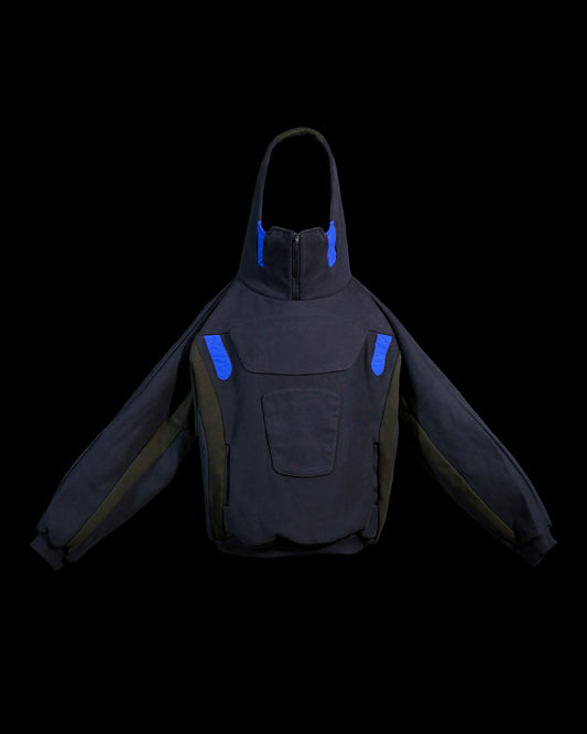 navy android robotic ski hoodie, front view
