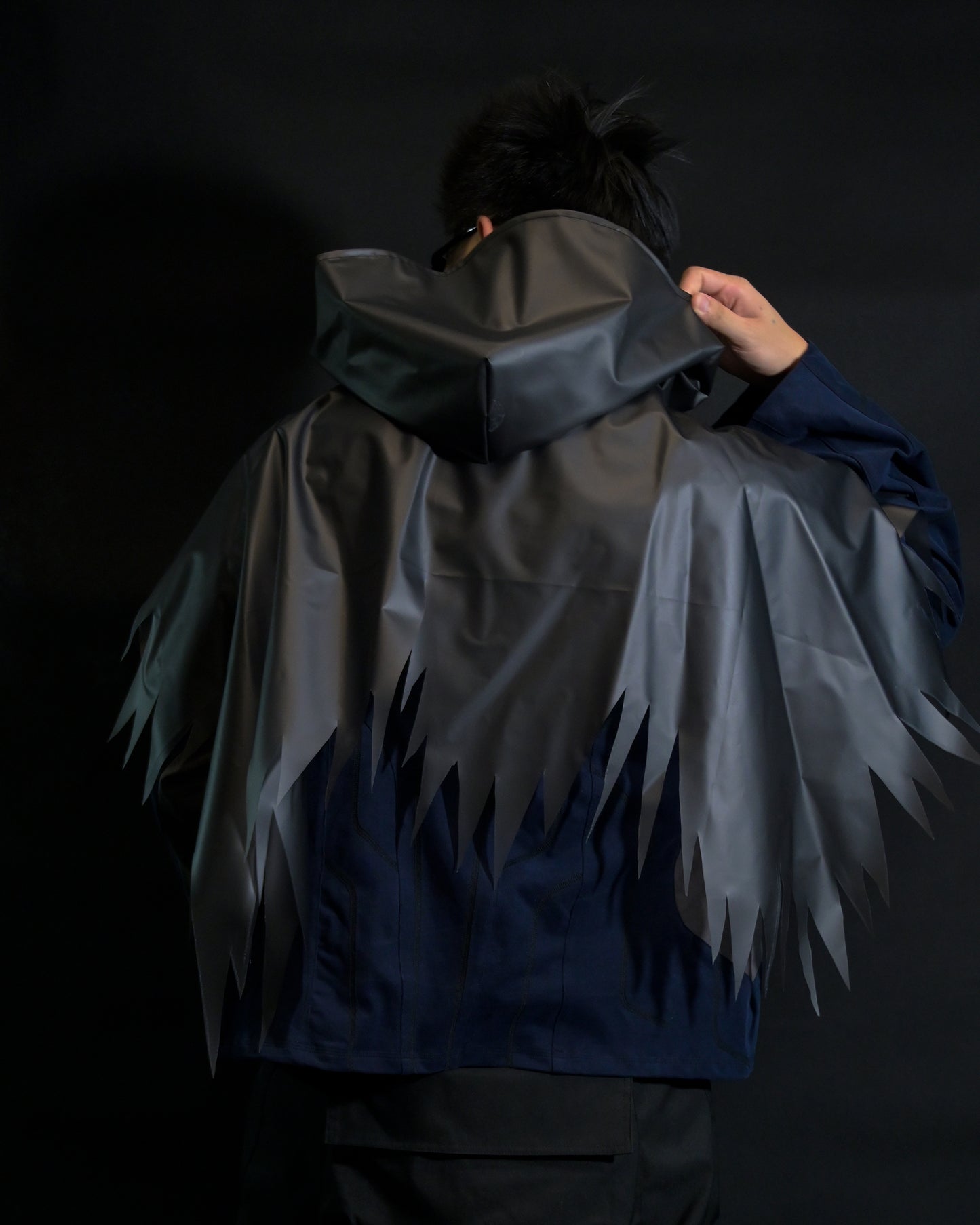 navy cloaking experimental sci-fi jacket, back model view