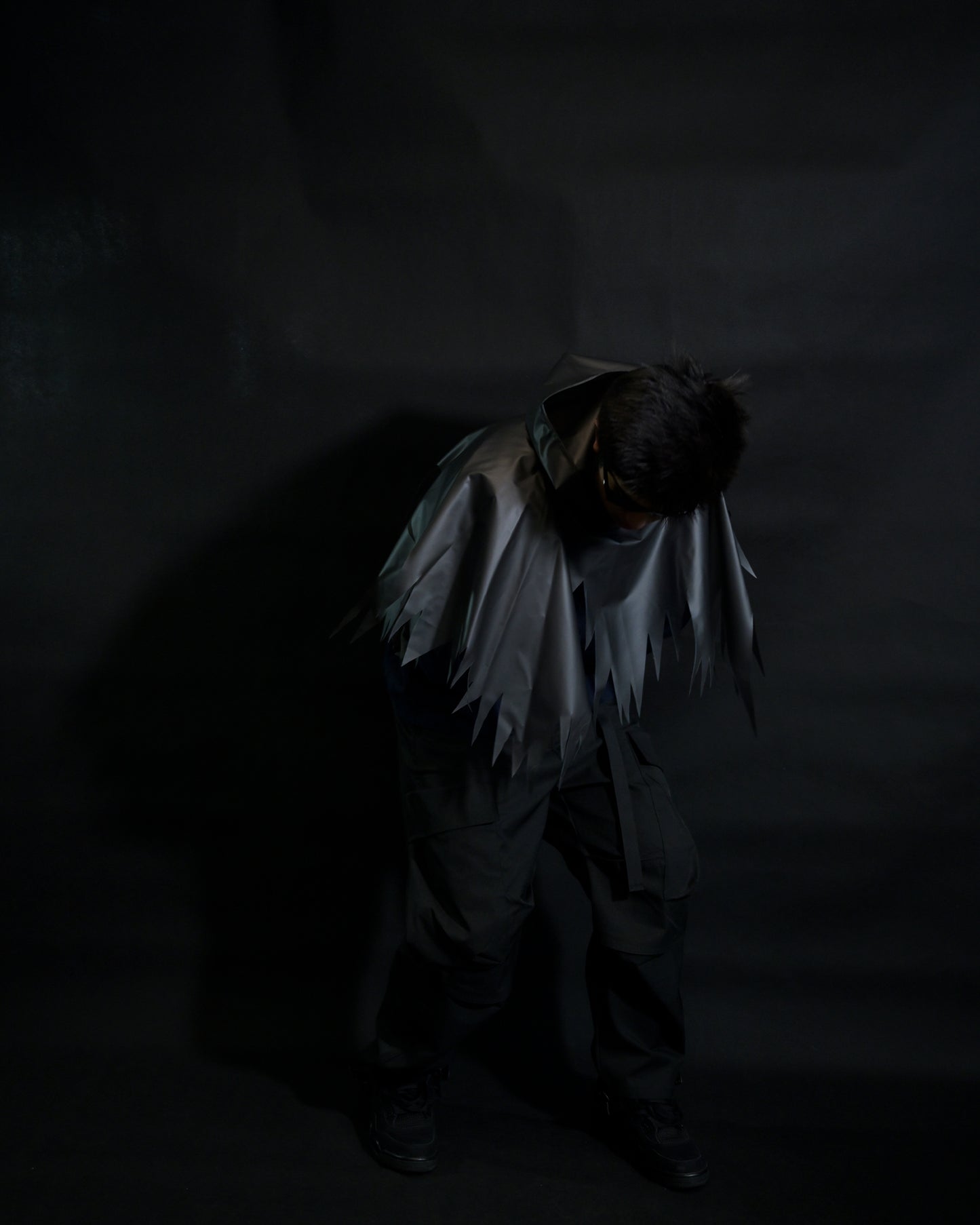 navy cloaking experimental sci-fi jacket, model view