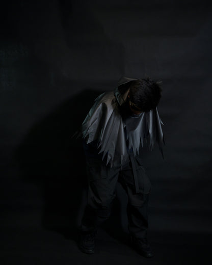 navy cloaking experimental sci-fi jacket, model view