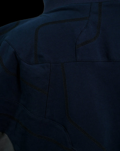 navy cloaking experimental sci-fi jacket, stitching detail close up