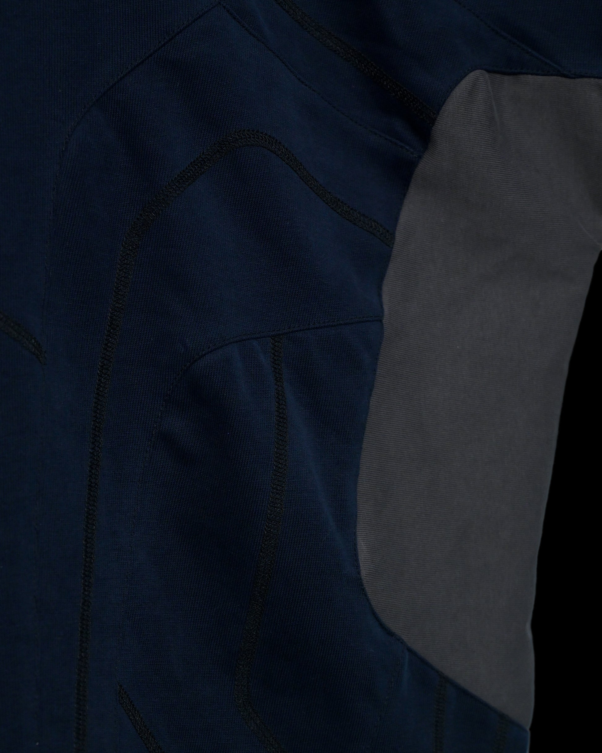 navy cloaking experimental sci-fi jacket, stitching detail