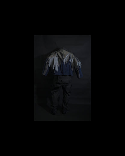 navy cloaking experimental sci-fi jacket, back pose view