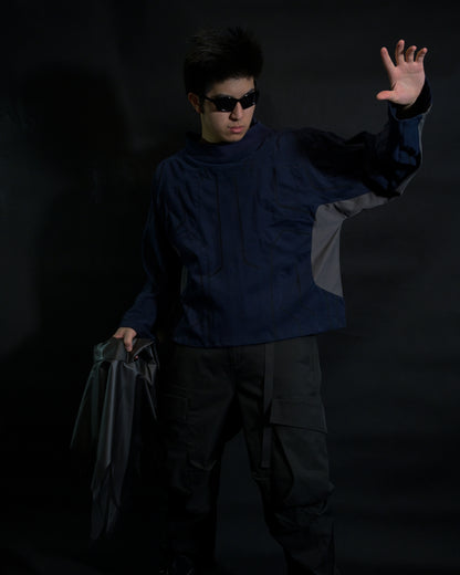 navy cloaking experimental sci-fi jacket, front model pose