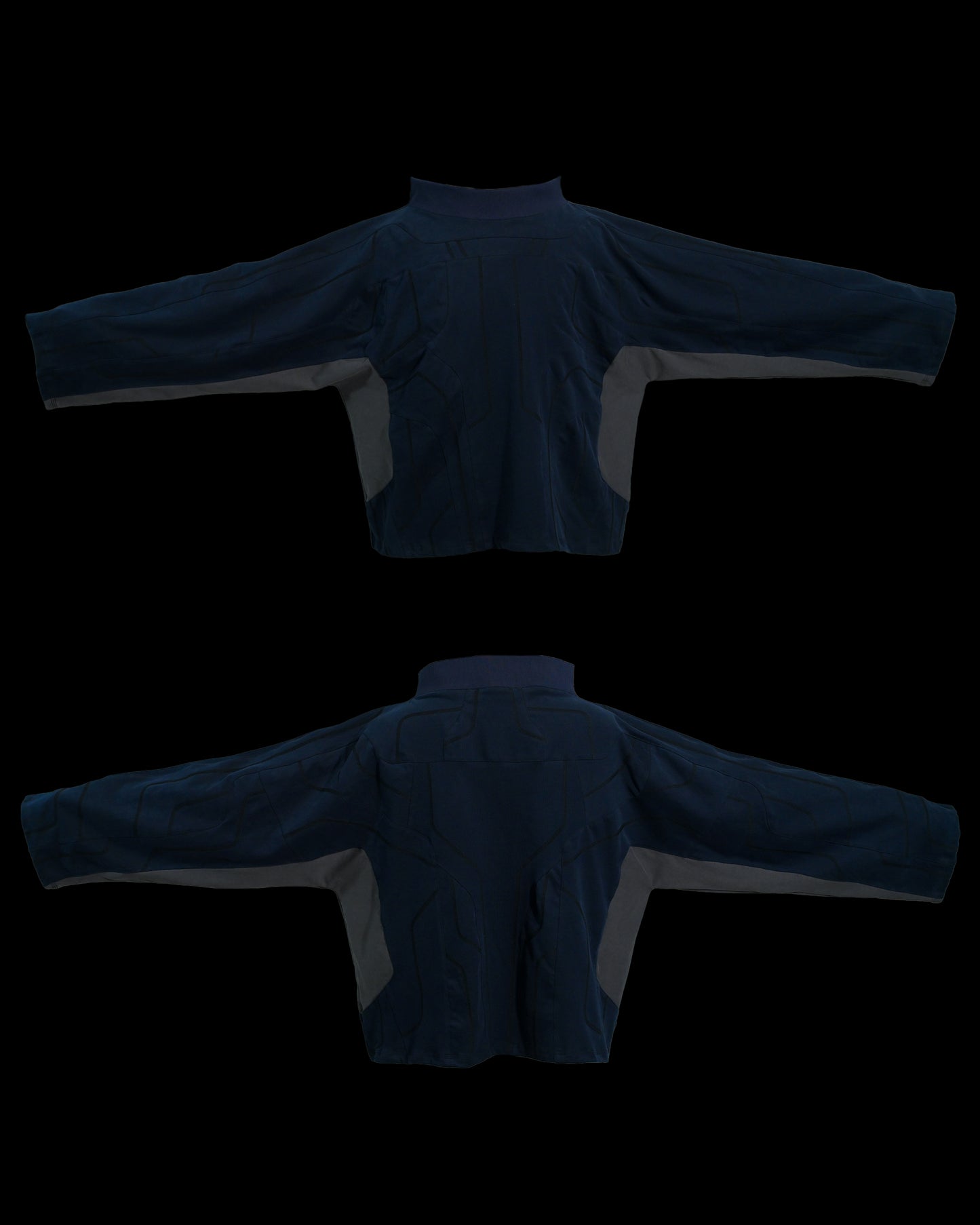 navy cloaking experimental sci-fi jacket, front and back view