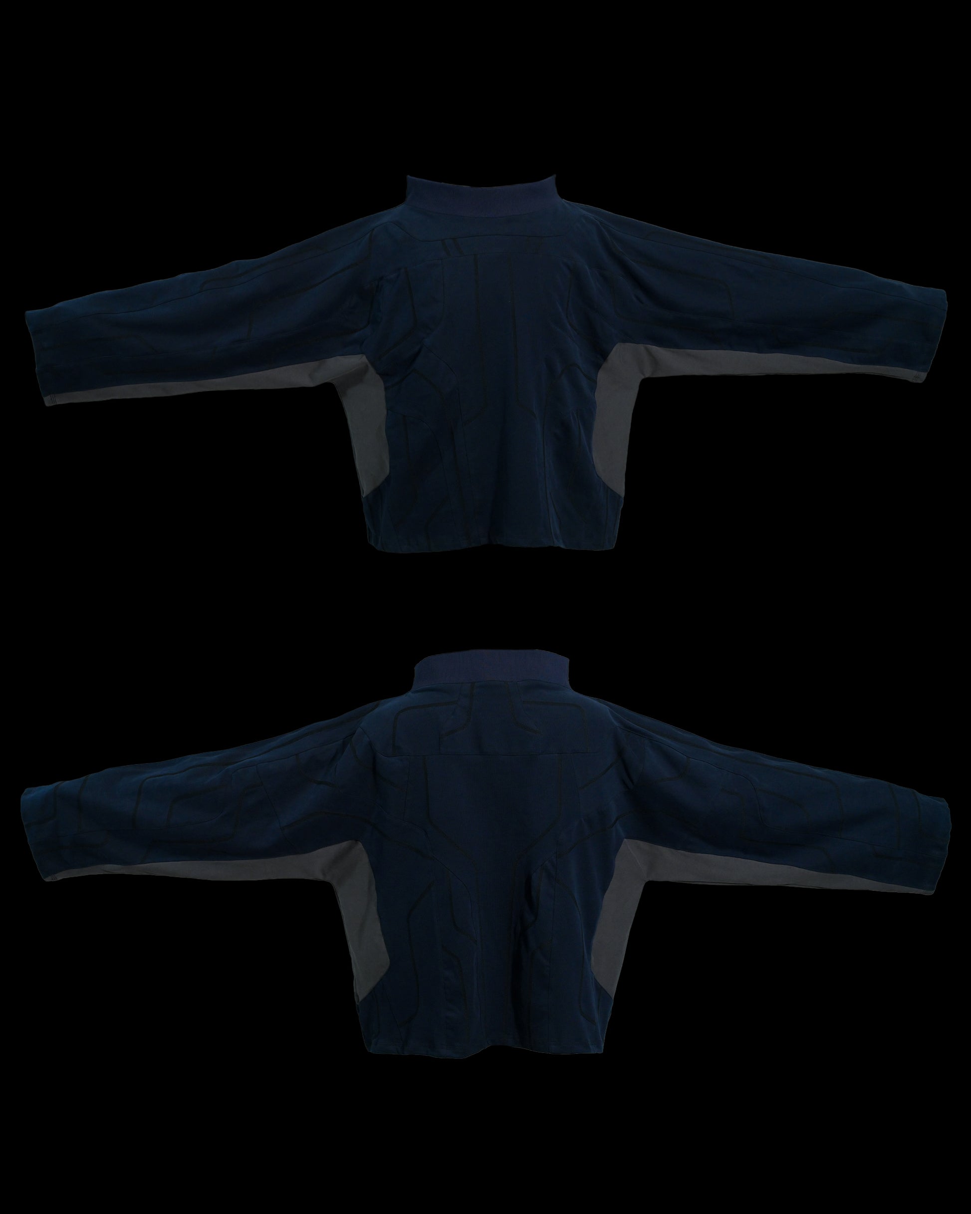navy cloaking experimental sci-fi jacket, front and back view