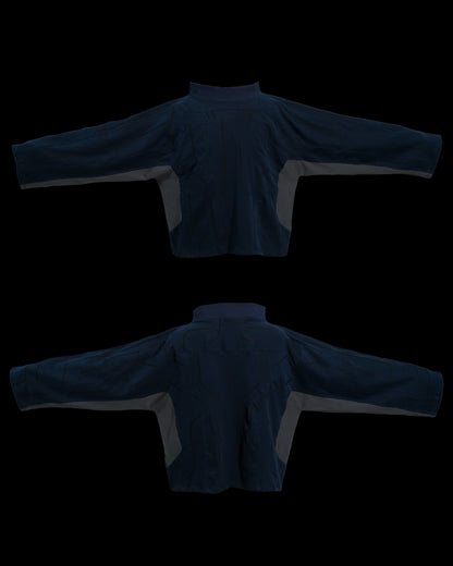 navy cloaking experimental sci-fi jacket, front and back view