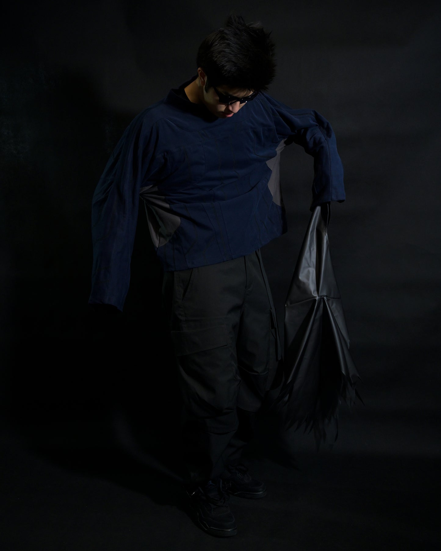 navy cloaking experimental sci-fi jacket, front standing model view