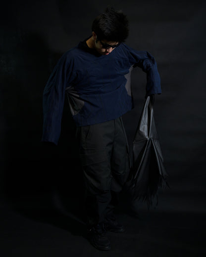 navy cloaking experimental sci-fi jacket, front standing model view