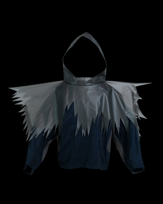 navy cloaking experimental sci-fi jacket, front view
