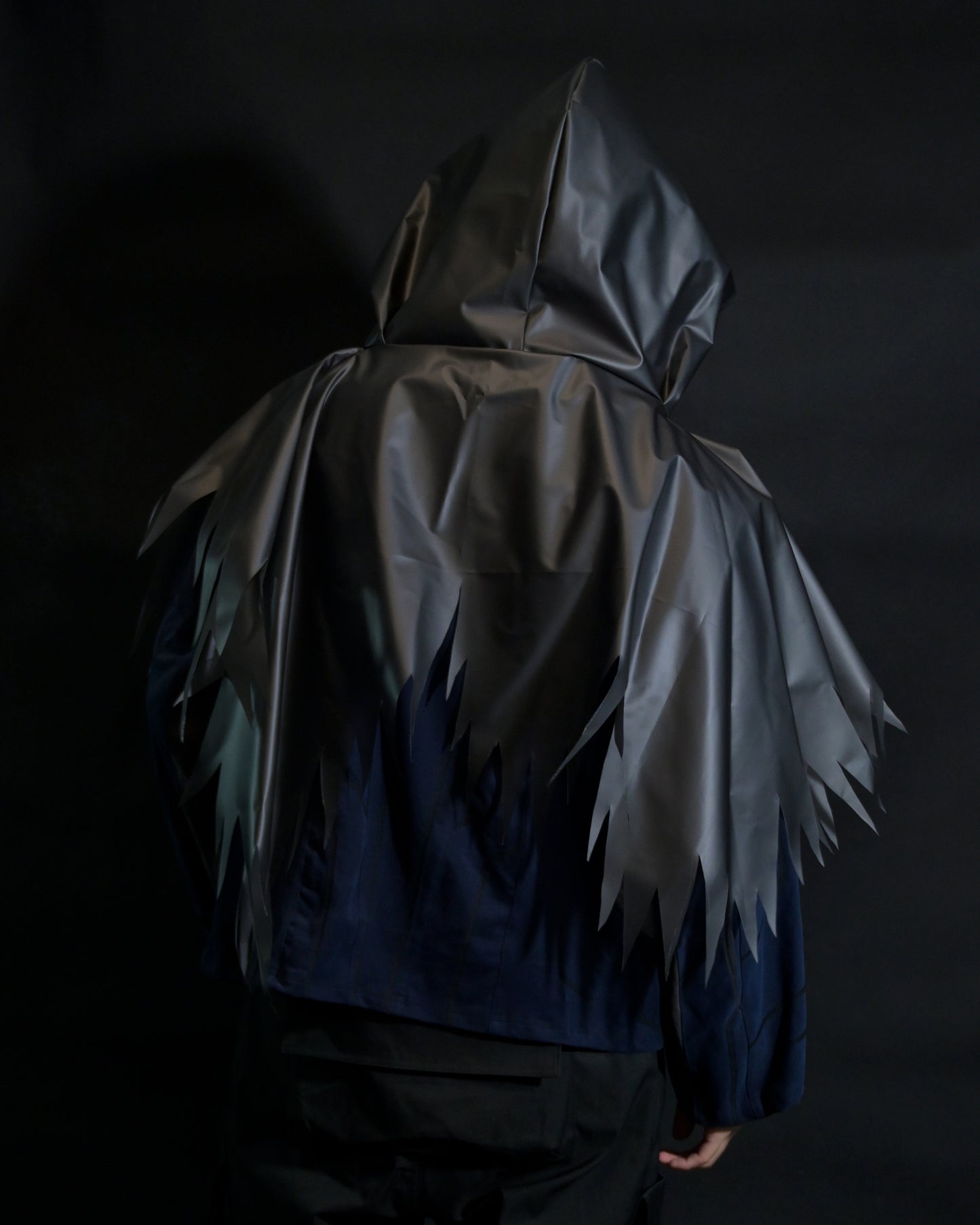 navy cloaking experimental sci-fi jacket, back cloak