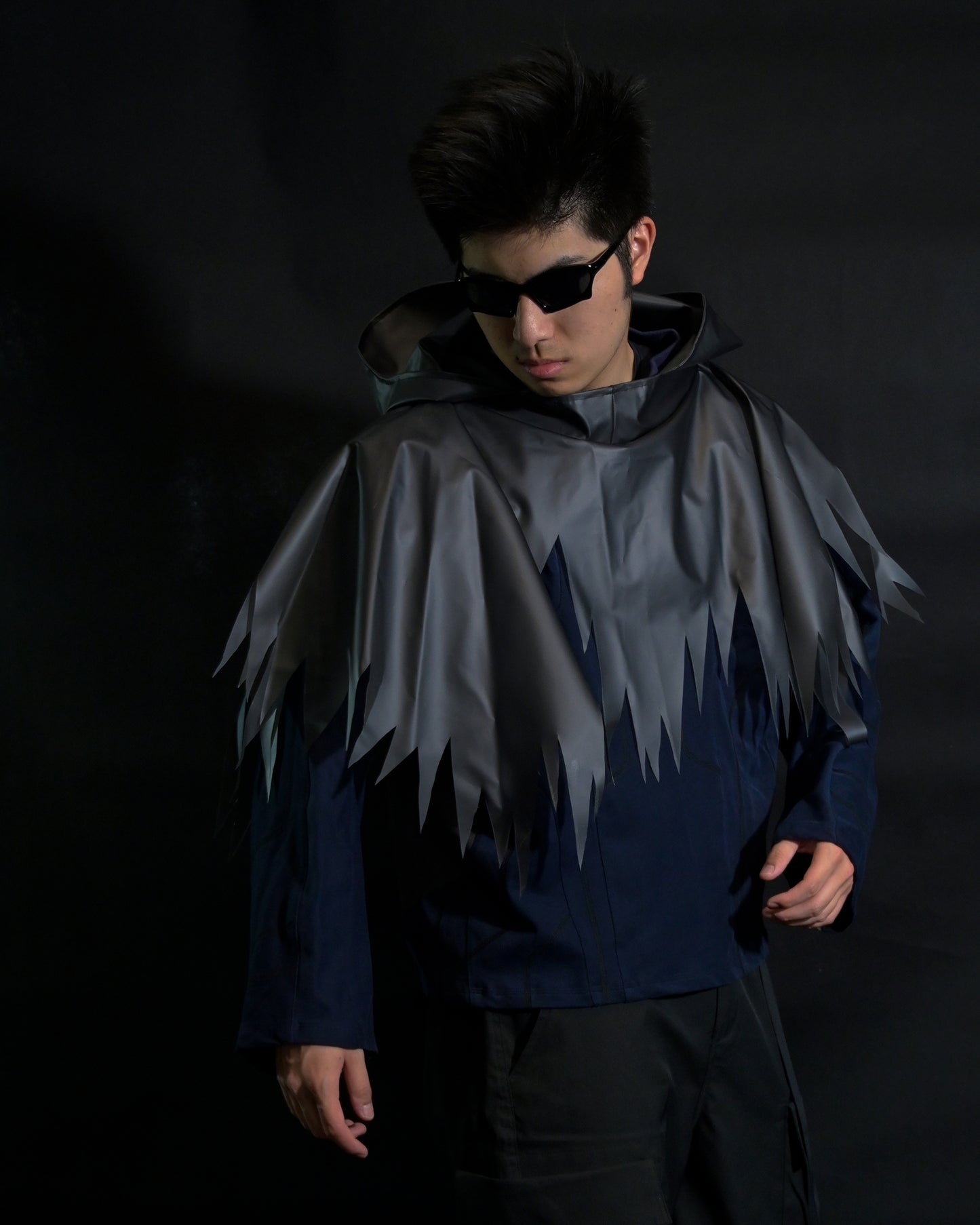 navy cloaking experimental sci-fi jacket, front half body model