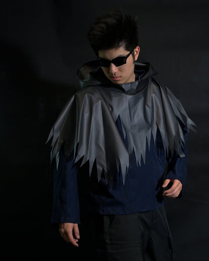navy cloaking experimental sci-fi jacket, front half body model