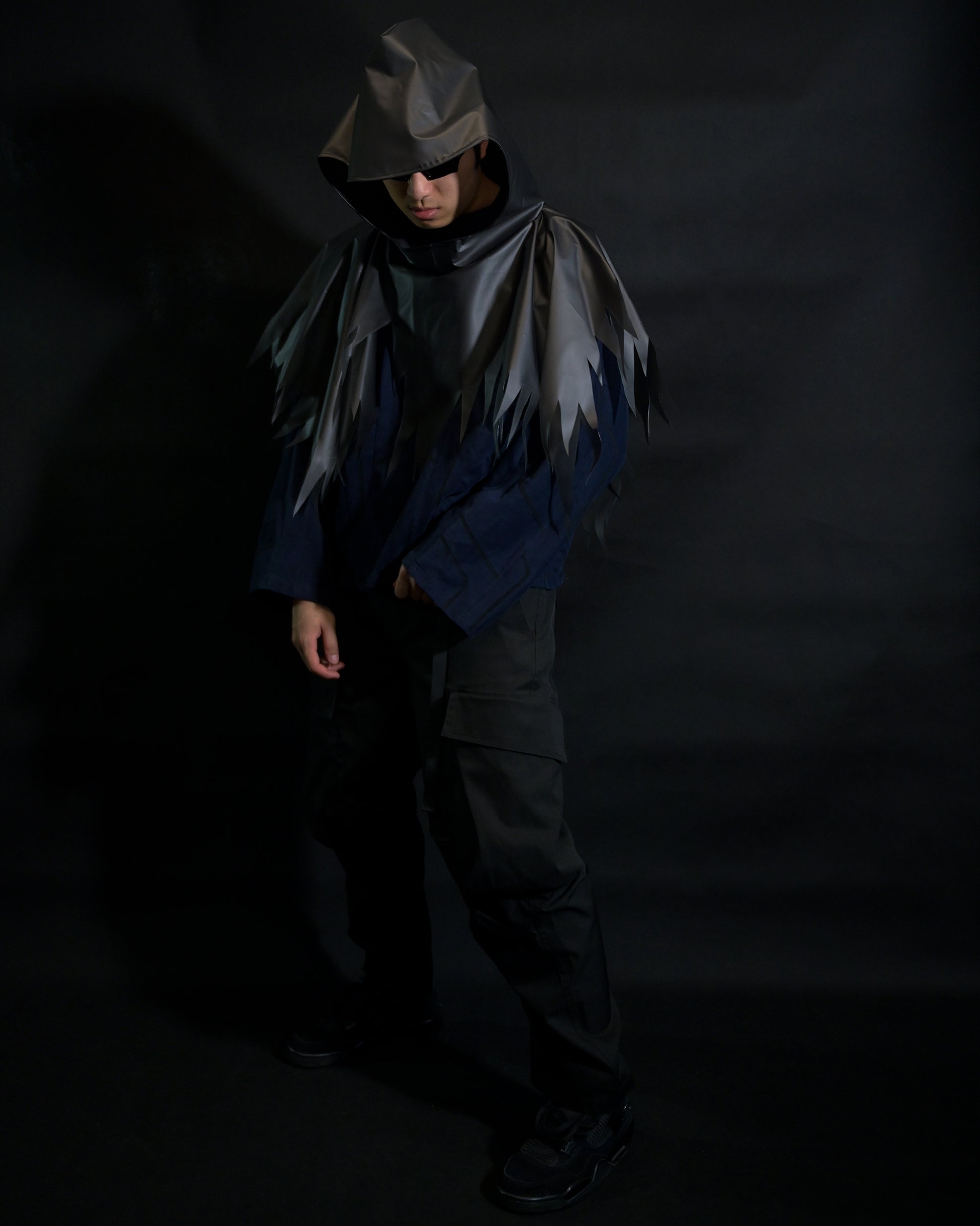 navy cloaking experimental sci-fi jacket, front model view