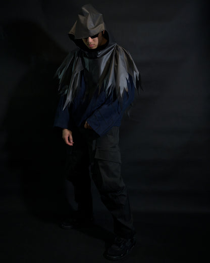 navy cloaking experimental sci-fi jacket, front model view