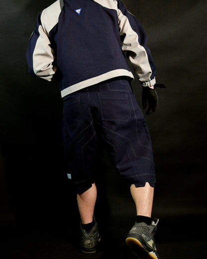 navy cotton canvas techwear cybernetic archive fashion shorts, back model