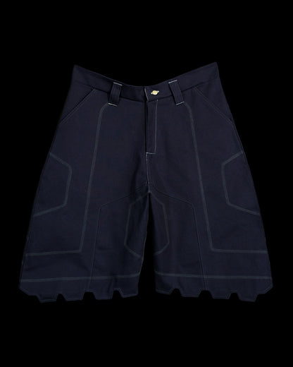 navy cotton canvas techwear cybernetic archive fashion shorts, front view