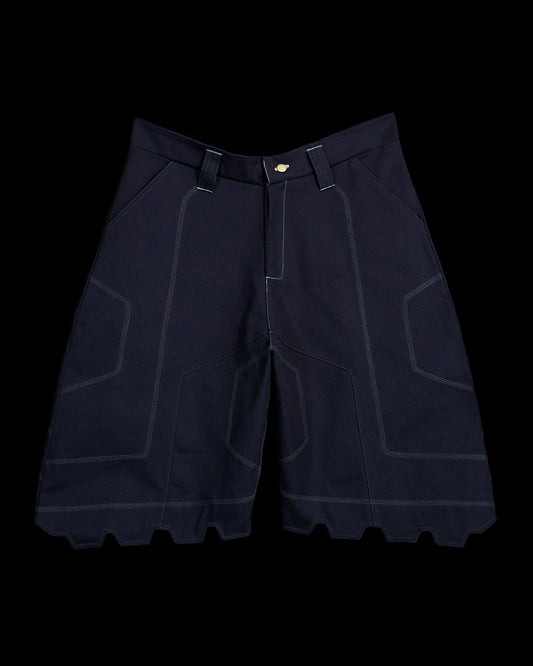 navy cotton canvas techwear cybernetic archive fashion shorts, front view