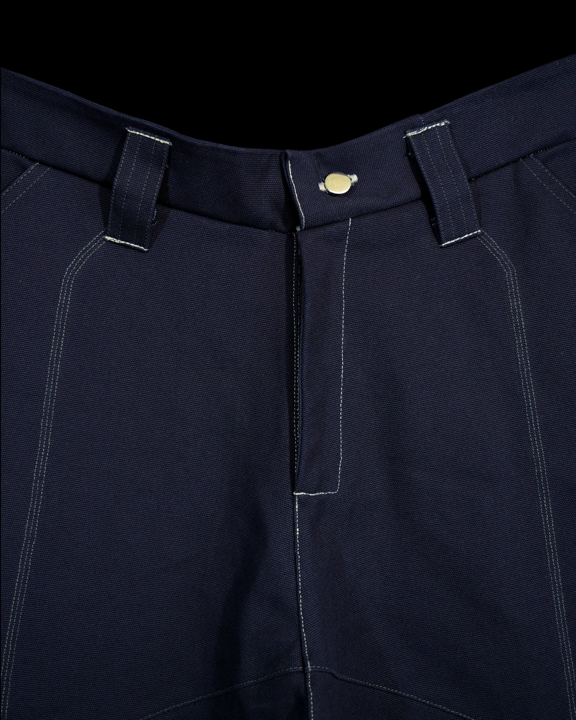 navy cotton canvas techwear cybernetic archive fashion shorts, zipper and button