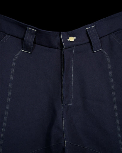 navy cotton canvas techwear cybernetic archive fashion shorts, zipper and button