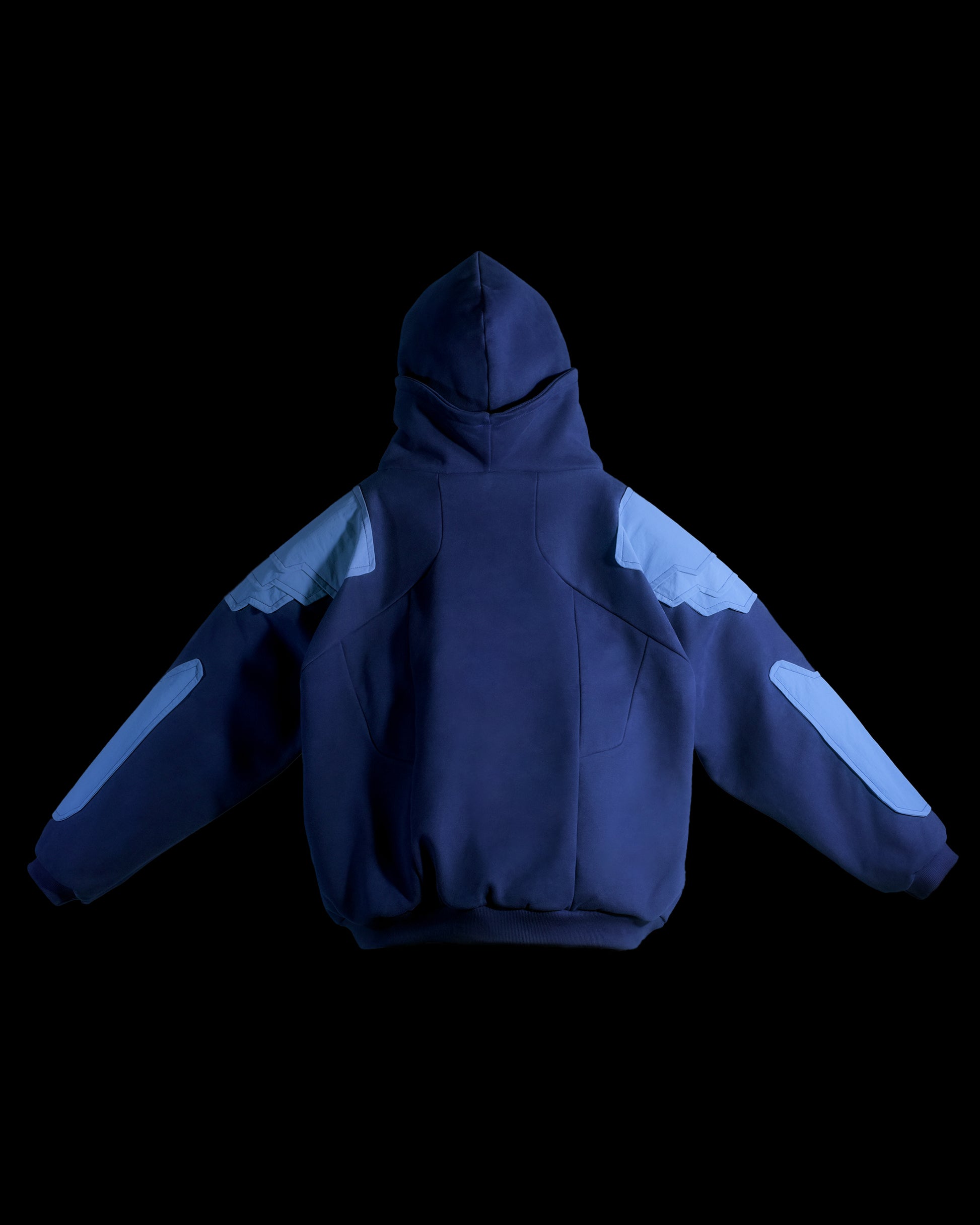Navy hoodie with cyberpunk armor details, back view