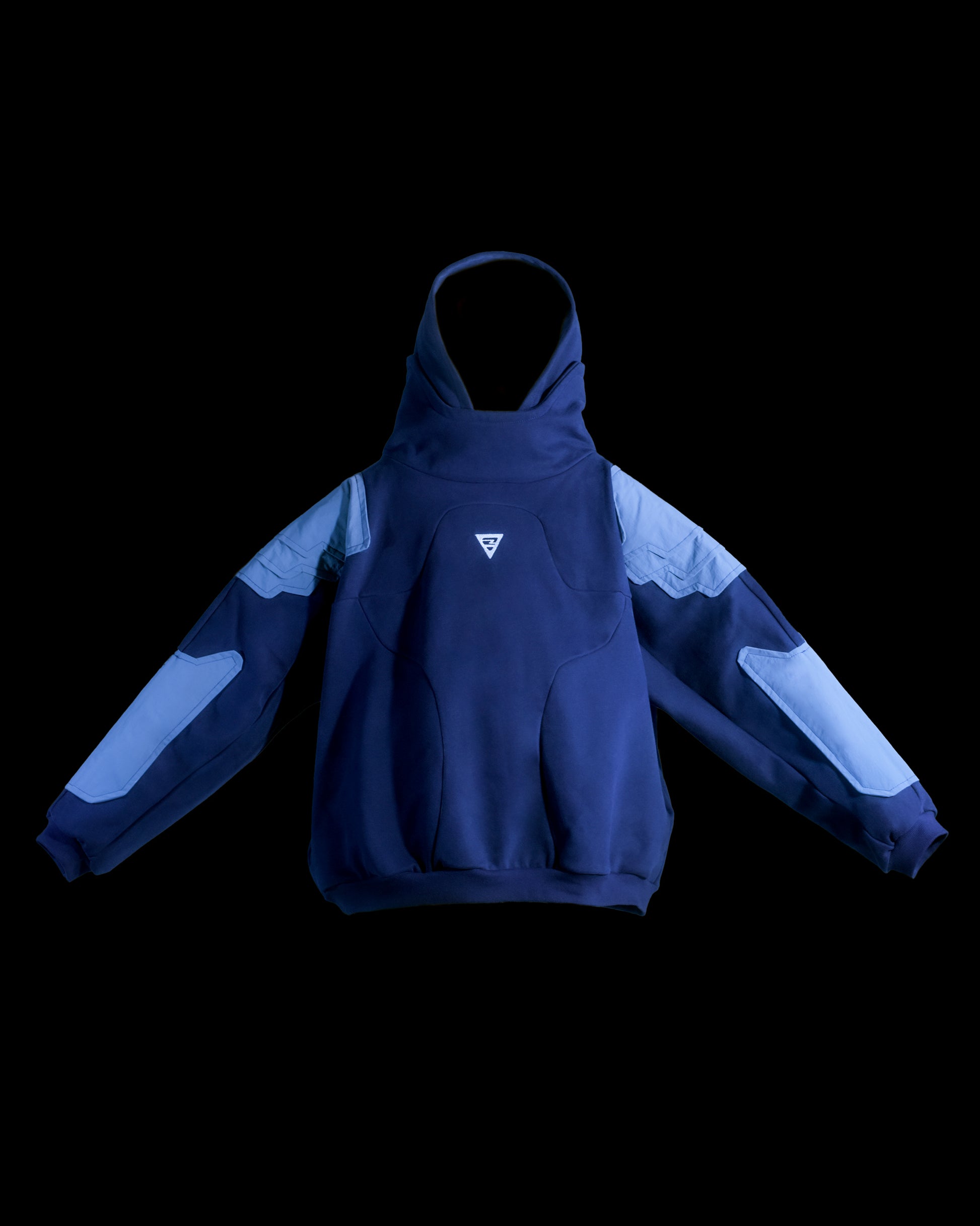 Navy hoodie with cyberpunk armor details, front view
