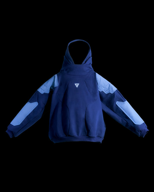 Navy hoodie with cyberpunk armor details, front view