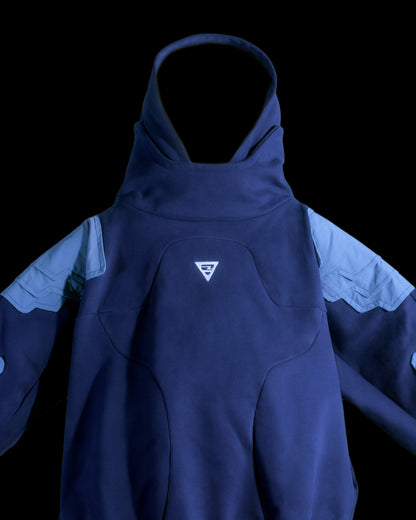 Navy hoodie with cyberpunk armor details, close up