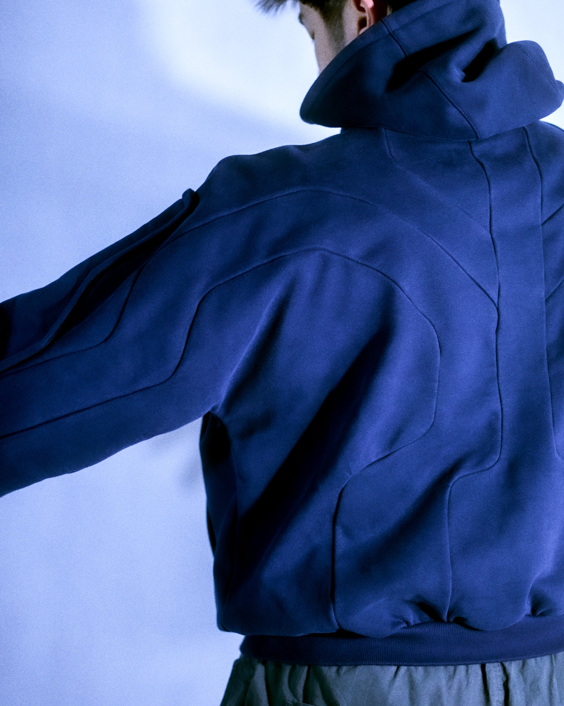 navy heavyweight cyberpunk cosmic blank hoodie, back model view
