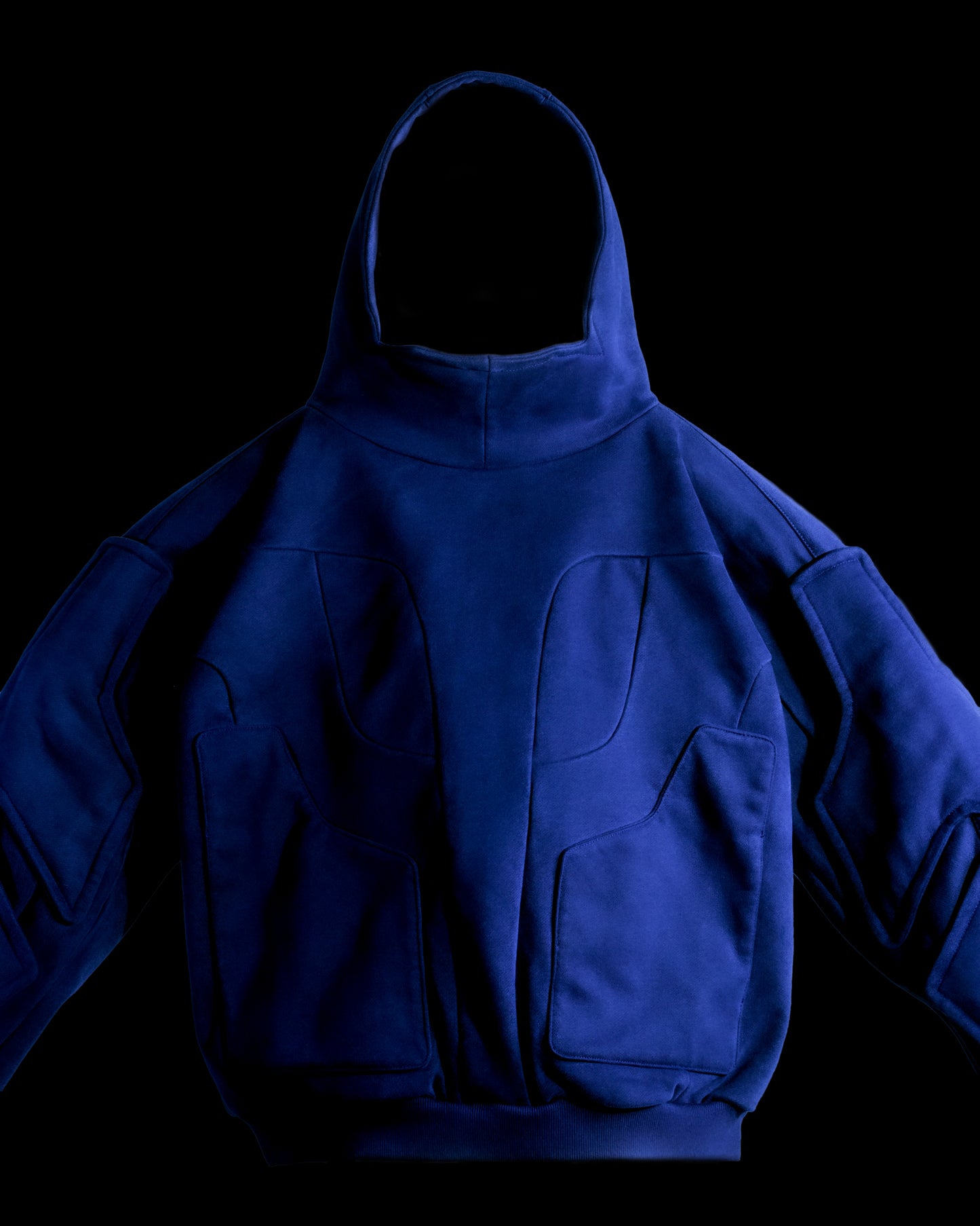 navy heavyweight cyberpunk cosmic blank hoodie, front close up view
